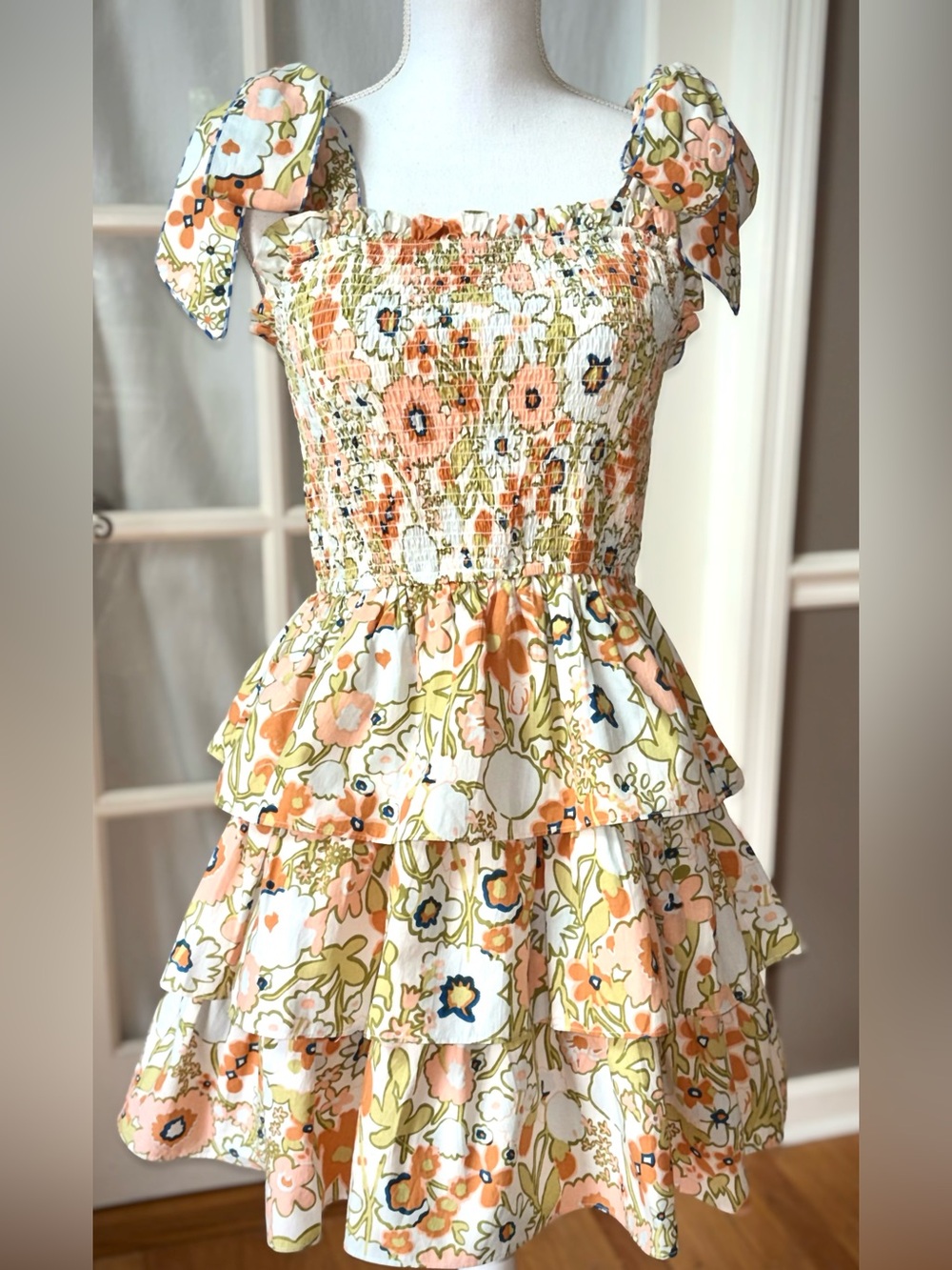 Cleobella Floral Organic Cotton Smocked Tiered Ruffle Mini Dress M